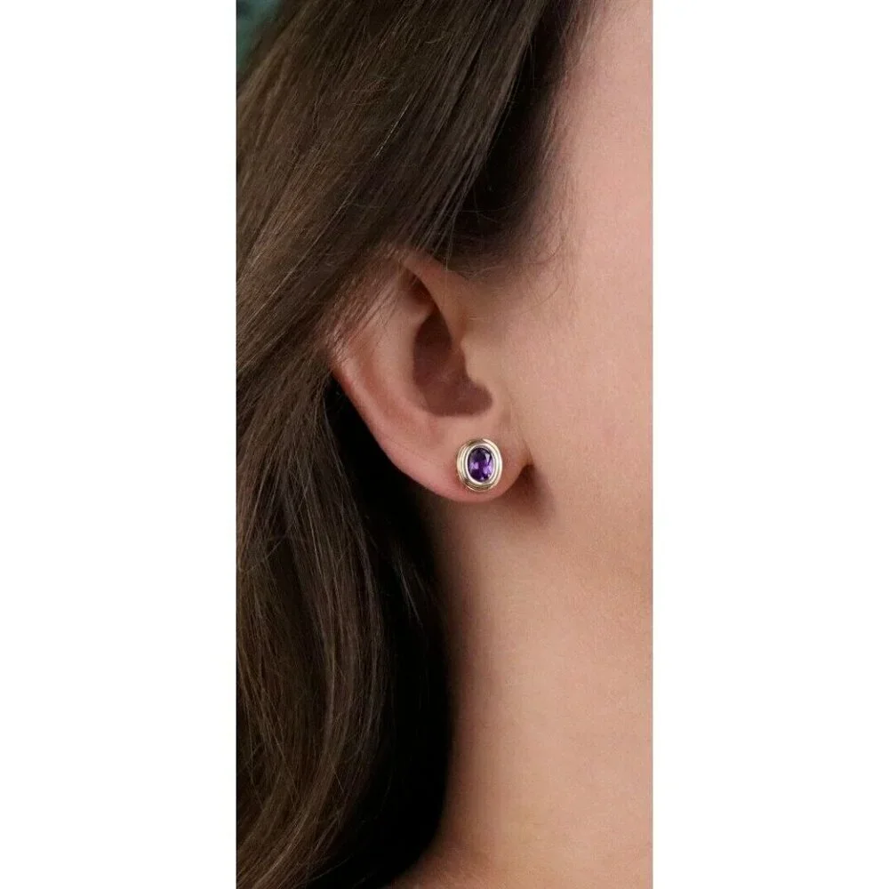 10k Yellow Gold Natural Amethyst Earrings Stud Post - Picture 2 of 8